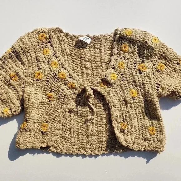 Brown Sunflower Tie Front Crop Top Cardigan -XS - Picture 1 of 3
